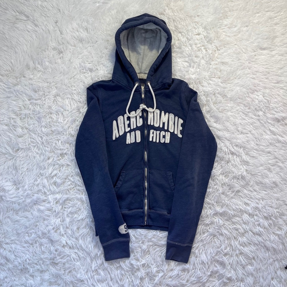 y2k vintage abercrombie & fitch navy blue white embroidered graphic zip up